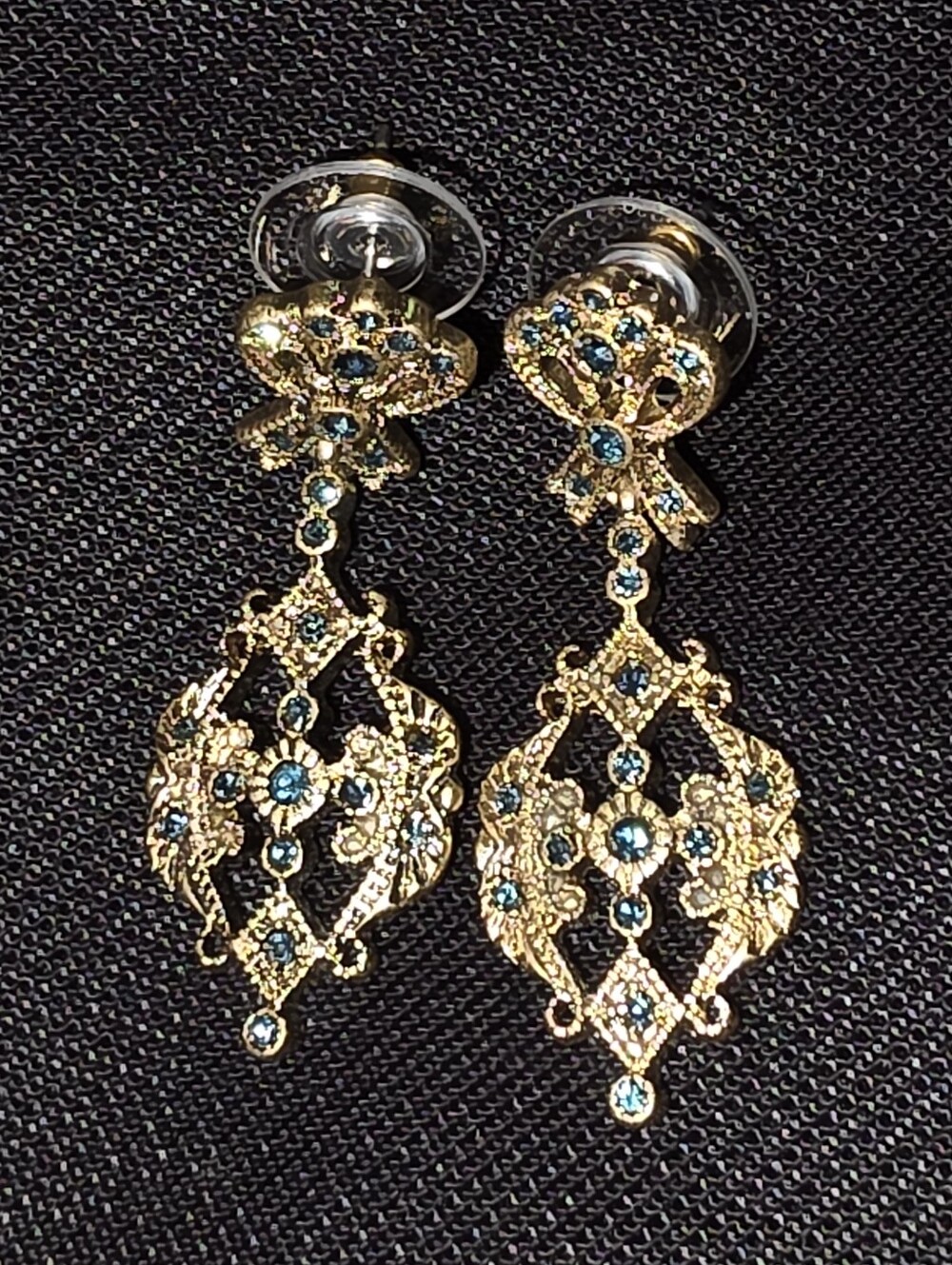 Gold-Tone Filigree Drop Earrings with Blue Crystals - Women Jewelry